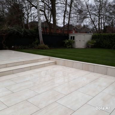 Paved patio area with steps and a neatly trimmed lawn in a residential garden.